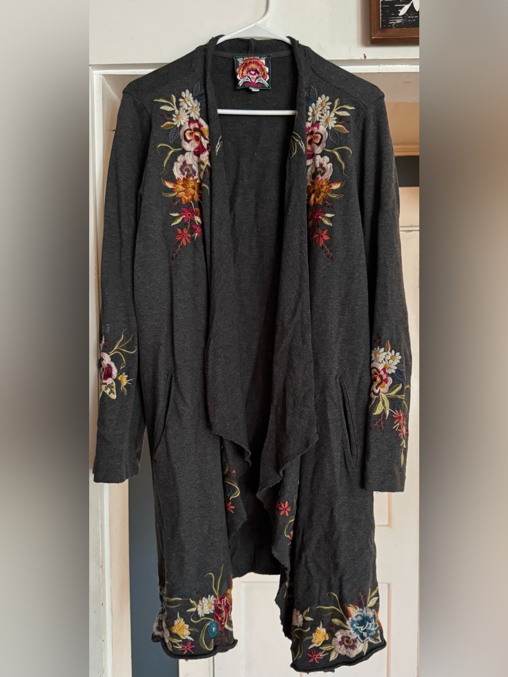 Johnny Was Dark Charcoal Embroidered Open-Front Cardigan